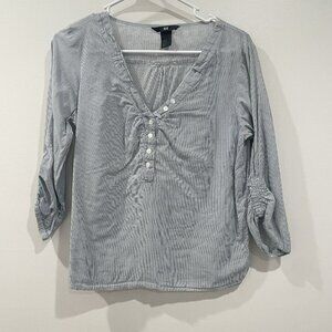 H&M Blue White Striped 3/4 Gathered Sleeve Blouse Size 6